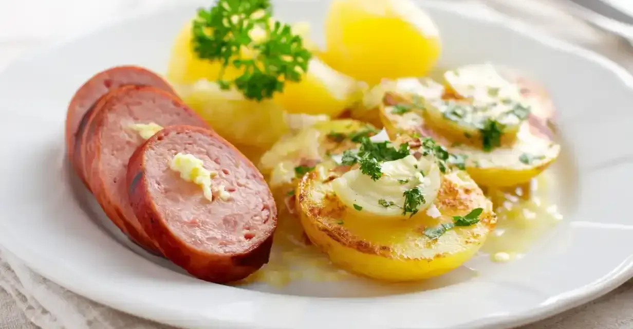 Skivad falukorv med smör och persilja, serverad med kokt potatis och en krämig sås. Bra att veta om man kan frysa falukorv.
