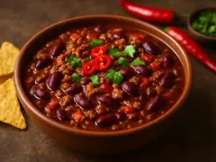 En skål med mustig chili con carne, toppad med färsk koriander och chiliskivor. Tortillachips och hela röda chilifrukter ligger bredvid.