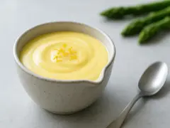 En skål med krämig hollandaisesås, garnerad med citronskal. Sparris och en sked syns i bakgrunden.