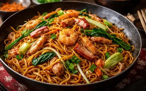 En stor panna med gyllene chow mein-nudlar, toppad med saftiga räkor, mört fläsk och krispiga grönsaker.