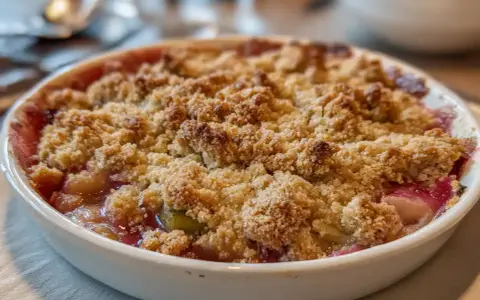 Enkel rabarberpaj med krispigt smultäcke. En härlig dessert som doftar sommar.