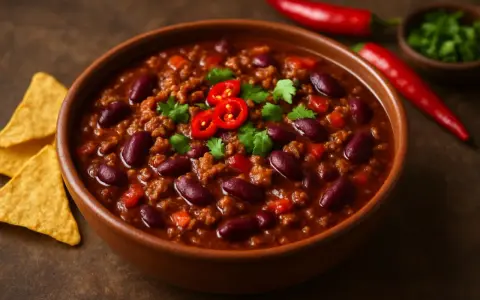 En skål med mustig chili con carne, toppad med färsk koriander och chiliskivor. Tortillachips och hela röda chilifrukter ligger bredvid.