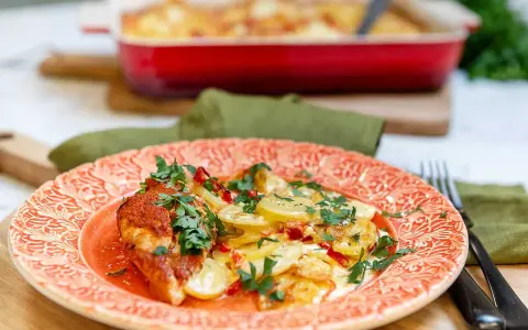 En läcker kycklingrätt med tunna potatisskivor, toppad med färsk persilja. En härlig kyckling potatis-kombination!