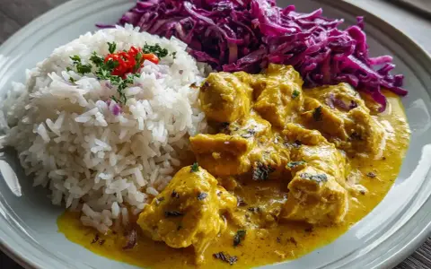 En tallrik med kyckling i en krämig currysås, ris och rödkålssallad. En härlig kyckling mango chutney-rätt.