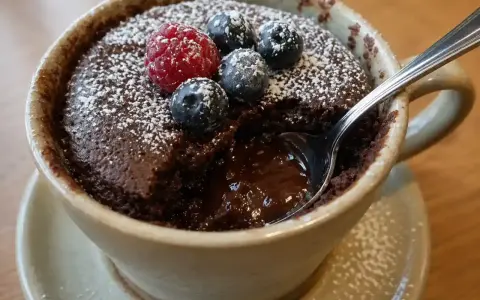 En kladdkaka i micro, toppad med bär och pudrat socker. En sked är nedsatt i den rinnande chokladen.
