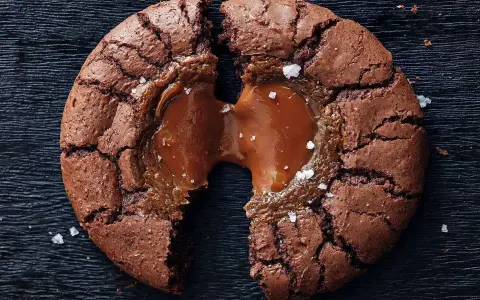 En brownie cookie med salt karamell som rinner ut.