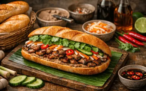En saftig banh mi med grillat kött, färska grönsaker och koriander. Serveras med tillbehör som inlagda grönsaker och chilisås.