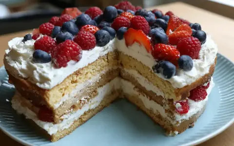 En vacker glutenfri tårta med lager av fluffig grädde, bär och jordgubbar. Perfekt för alla tillfällen!