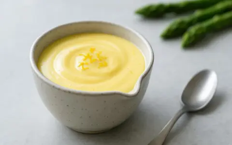 En skål med krämig hollandaisesås, garnerad med citronskal. Sparris och en sked syns i bakgrunden.