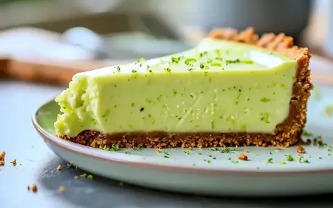 En krämig lime cheesecake med krispig botten, toppad med rivet limeskal. En perfekt dessert för en solig dag.
