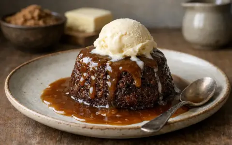 En läcker sticky toffee pudding med en kula vaniljglass och rinnande kolasås.