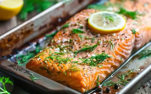 Fryst lax i ugn, kryddad med dill och citron, redo att tillagas.