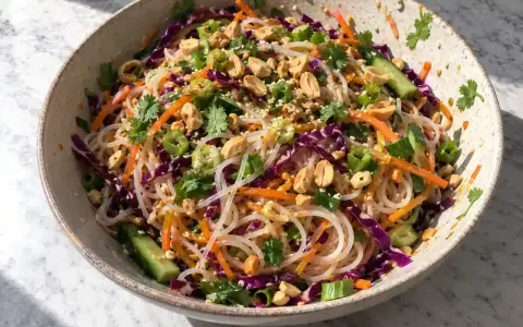 En skål med asiatisk nudelsallad med risnudlar, strimlad morot, rödkål, gurka, jordnötter och koriander.