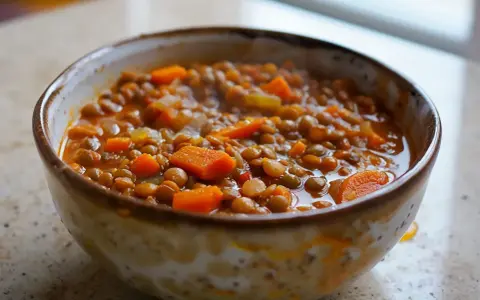 En skål med mustig morot och broccolisoppa, full av linser och saftiga morotsbitar.