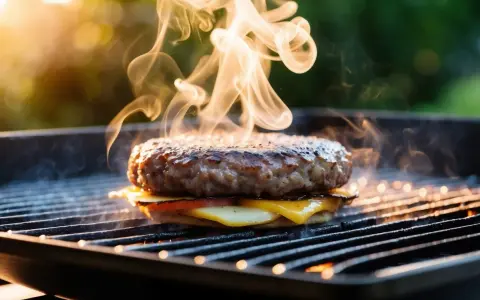 En saftig hamburgare med smält ost och tomat grillas. Röken stiger och indikerar perfekt hamburgare temperatur.