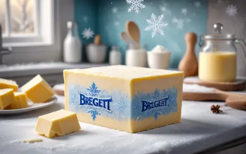 En stor bit Bregott ligger på ett snöigt köksbord. Frågan är: kan man frysa bregott? Snöflingor faller i bakgrunden.