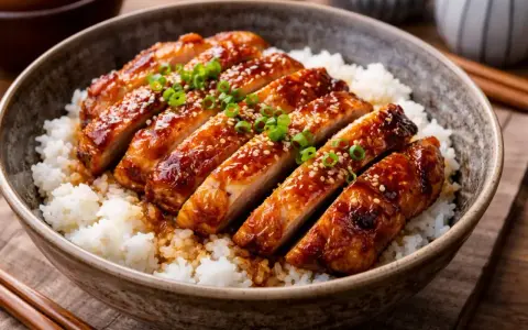 En skål med fluffigt ris toppad med saftig, glaserad teriyaki kyckling, garnerad med sesamfrön och grön lök.