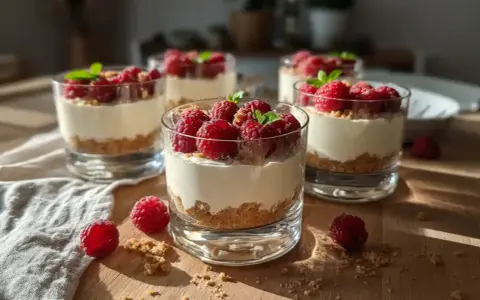 Fluffig cheesecake i glas med hallon och mynta. En perfekt sommardessert som ser lika god ut som den smakar.