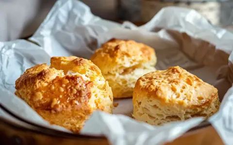 Tre gyllene scones, perfekt att baka i airfryer, ligger på vitt bakplåtspapper i en korg.