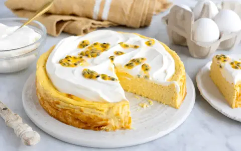 En krämig mango cheesecake med fluffig topping och passionsfrukt. En bit är redan uppskuren.