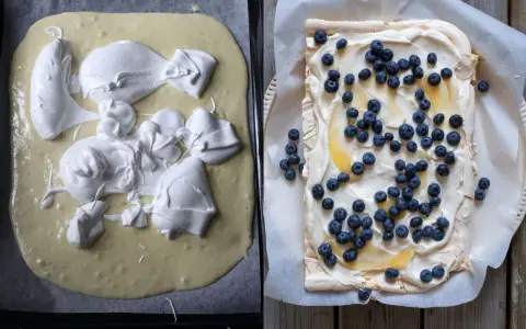 En pinocchiotårta med lemoncurd och blåbär. Till vänster, smeten med marängtoppar. Till höger, färdig tårta.