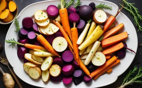 En härlig tallrik med ugnsrostade rotfrukter: morötter, potatis, rödlök och palsternacka. En perfekt rotfrukter lista för en hälsosam måltid.
