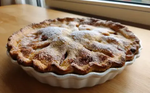 En gyllene rabarberpaj med kardemumma, pudrad med florsocker, står på ett träbord.