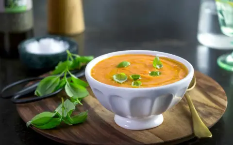 En skål med krämig rostad tomatsoppa, garnerad med färsk basilika och en skvätt olivolja. Serveras med en gyllene sked på en träbricka.
