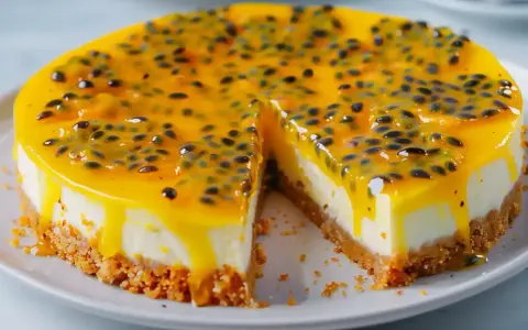 En krämig cheesecake med passionsfrukt som topping, en härlig dessert för alla sinnen.