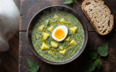 Varm, grön nässelsoppa med potatis och ett perfekt kokt ägg. Serveras med en bit rustikt bröd.