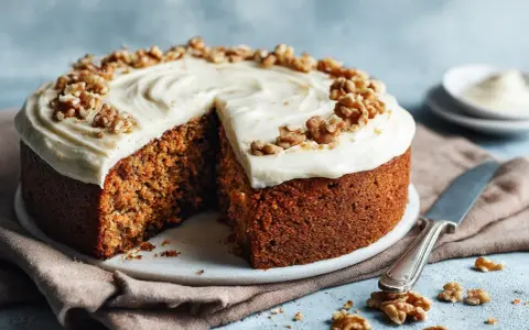 En saftig morotskaka utan socker, toppad med krämig frosting och valnötter. Perfekt för en hälsosam fika.