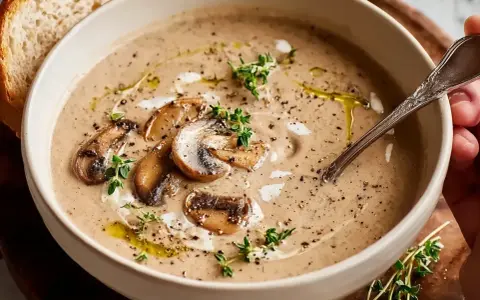 Krämig svart trumpetsvamp soppa med champinjoner, örter och en skiva bröd.