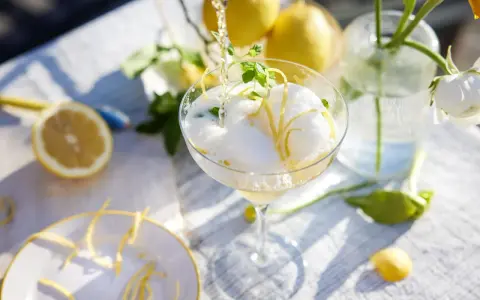 En bubblig drink med citronskal och mynta hälls upp i ett glas. Perfekt att bjuda på fika till många.
