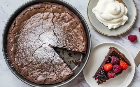 A whole chocolate cake with a slice removed, topped with powdered sugar, next to a slice of cake with berries and a dollop of whipped cream.