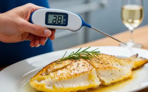 En hand håller en digital termometer som mäter torskens temperatur, 38 grader.