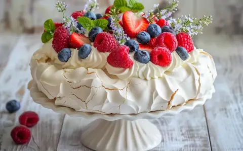 Vacker pavlova med grädde och färska bär, perfekt att dekorera tårta med.