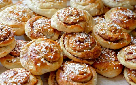 En hög med nybakade kanelbullar, strösslade med pärlsocker. Kanske bakade av Camilla Hamid för en fika.