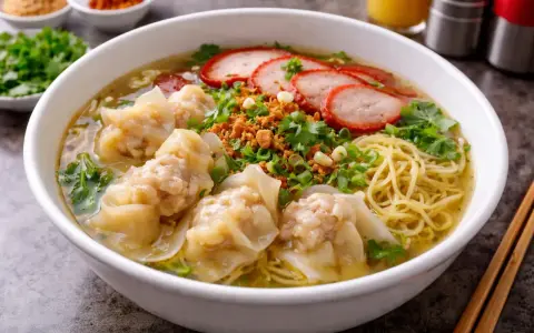 En skål med nudlar, wontons, skivat fläsk och grönsaker. Perfekt för att avgöra hur mycket soppa per person.