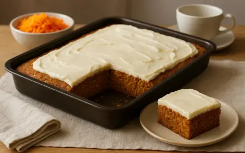 A rectangular carrot cake with white frosting in a baking pan, with a slice on a plate and a bowl of shredded carrots.