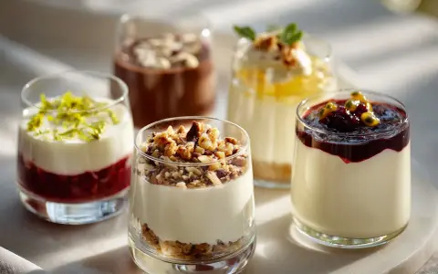 Fem olika dessert i glas, med lager av frukt, kräm och nötter. En fest för ögat och gommen.