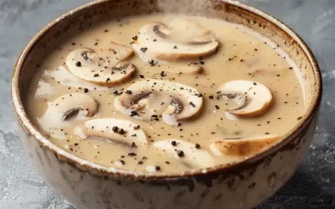 A bowl of creamy mushroom soup with sliced mushrooms and black pepper.