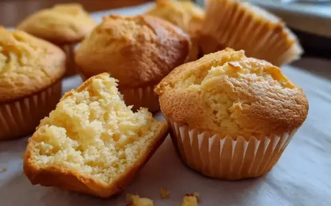 Gyllene muffins, perfekta för ett glutenfritt fika. En är uppdelad och visar en fluffig insida.