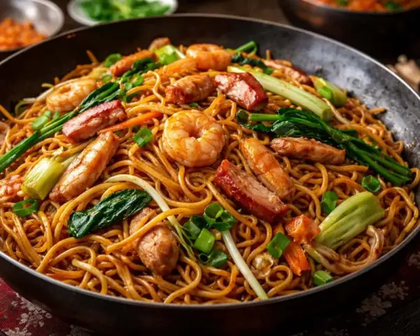 En stor panna med gyllene chow mein-nudlar, toppad med saftiga räkor, mört fläsk och krispiga grönsaker.