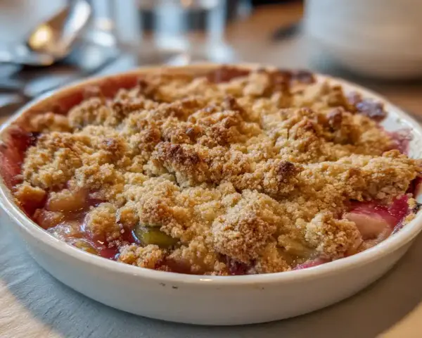 Enkel rabarberpaj med krispigt smultäcke. En härlig dessert som doftar sommar.