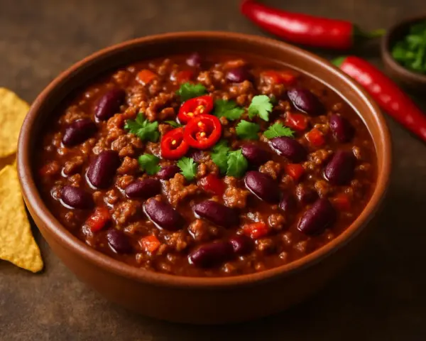 En skål med mustig chili con carne, toppad med färsk koriander och chiliskivor. Tortillachips och hela röda chilifrukter ligger bredvid.