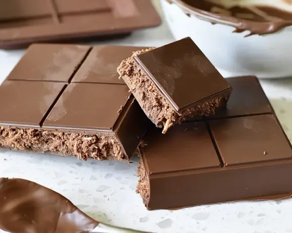 En fransk chokladtårta med krispig fyllning av kokos och choklad, redo att avnjutas.