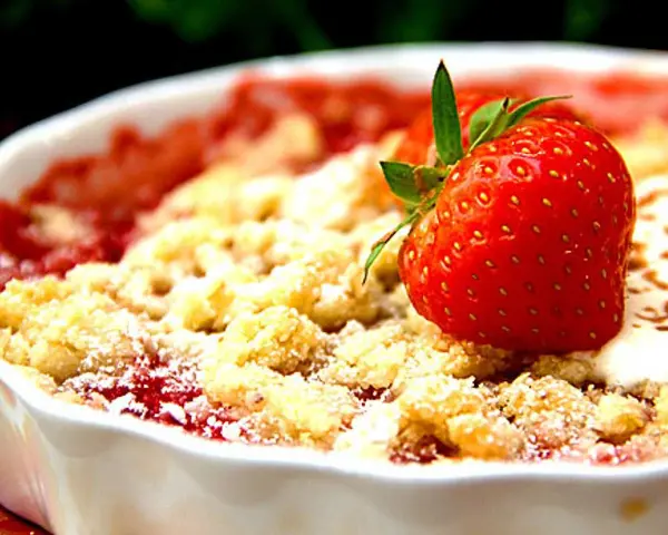 En härlig crumble med jordgubbar, perfekt att baka med. En saftig jordgubbsbotten toppad med smuldeg och en färsk jordgubbe som dekoration.
