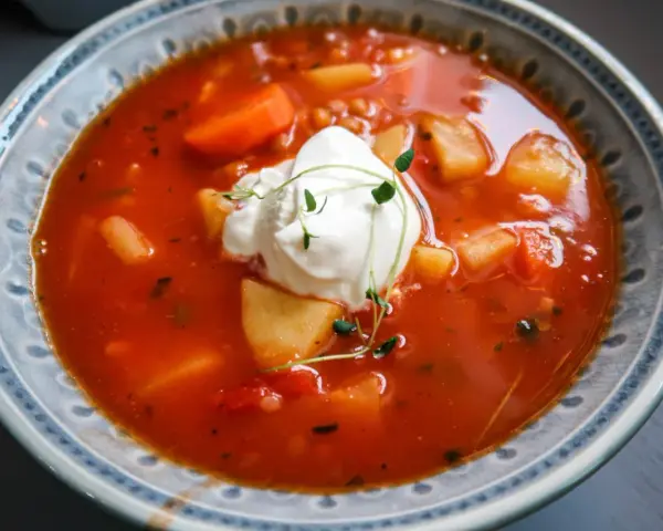 En värmande tomatsoppa med potatis, morötter och en klick krämig creme fraiche, toppad med färska örter.