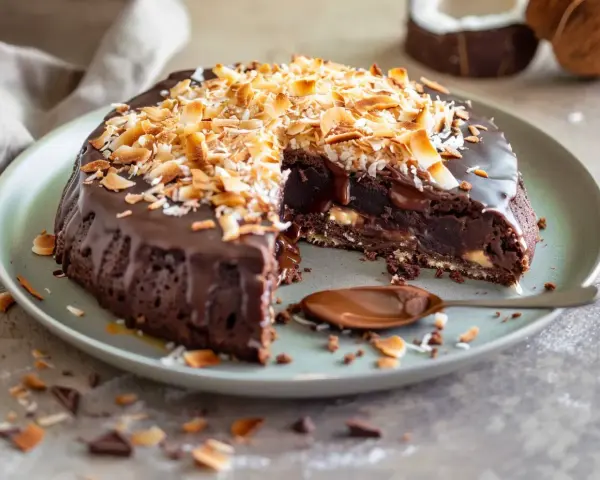 Kladdkaka med kokostosca, täckt med chokladglasyr och rostad kokos. En bit är uppskuren och visar den saftiga insidan.