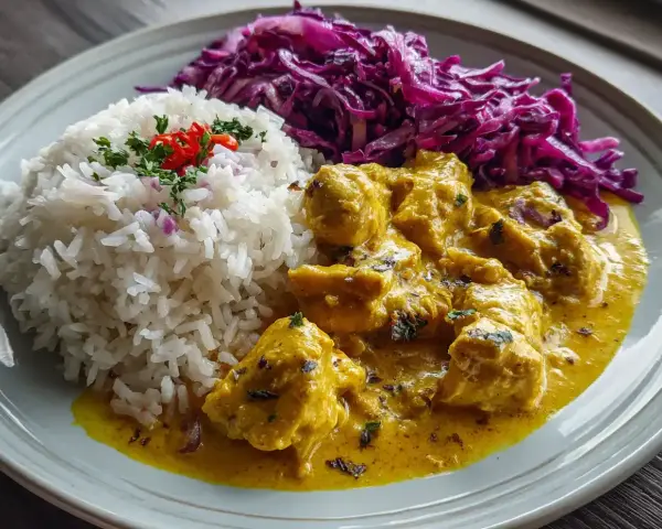 En tallrik med kyckling i en krämig currysås, ris och rödkålssallad. En härlig kyckling mango chutney-rätt.